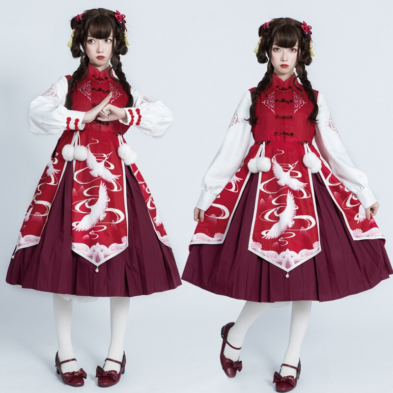 Lolita Dress Girls Chinese Style Lolita Clothes Retro Long Sleeve Red/White Costumes Gothic Lolita Dress Tea Party Clothes VO801