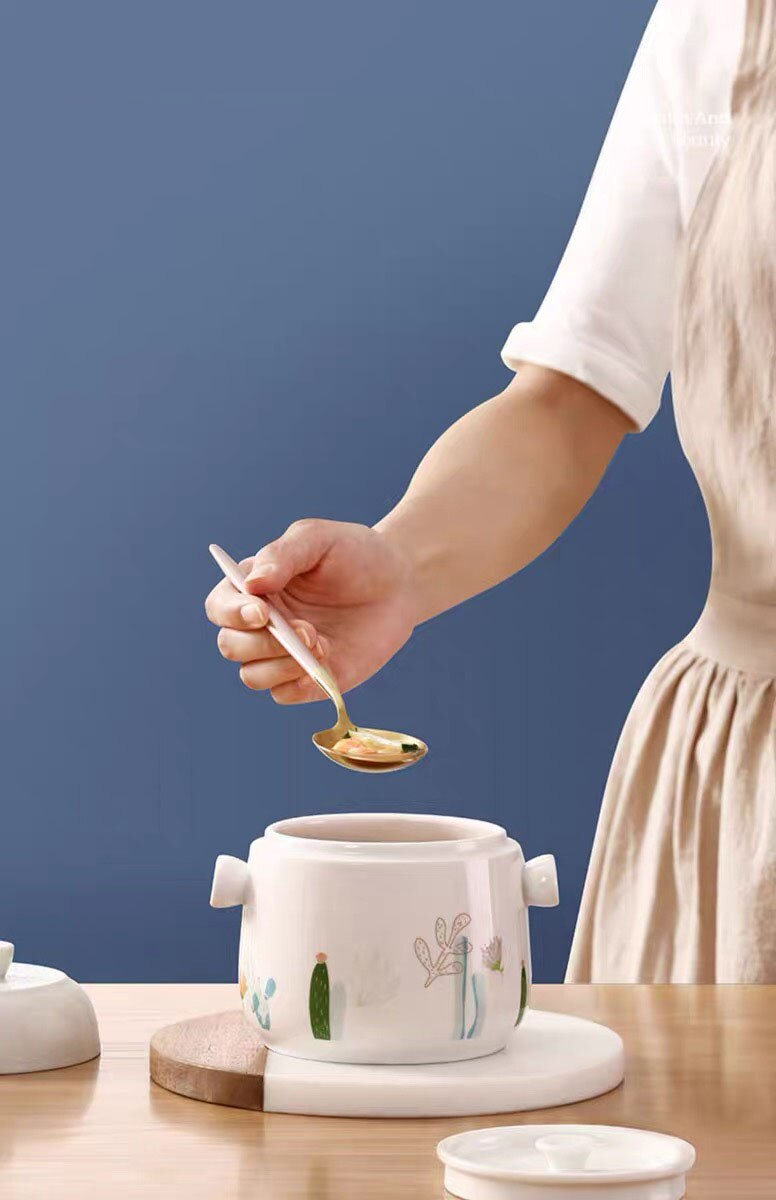 Ceramic Bird's Nest Porriage Egg Stew Pot With Spoon Stew In Water Jar One People Use 460/600ml Soup Pot Double Ear