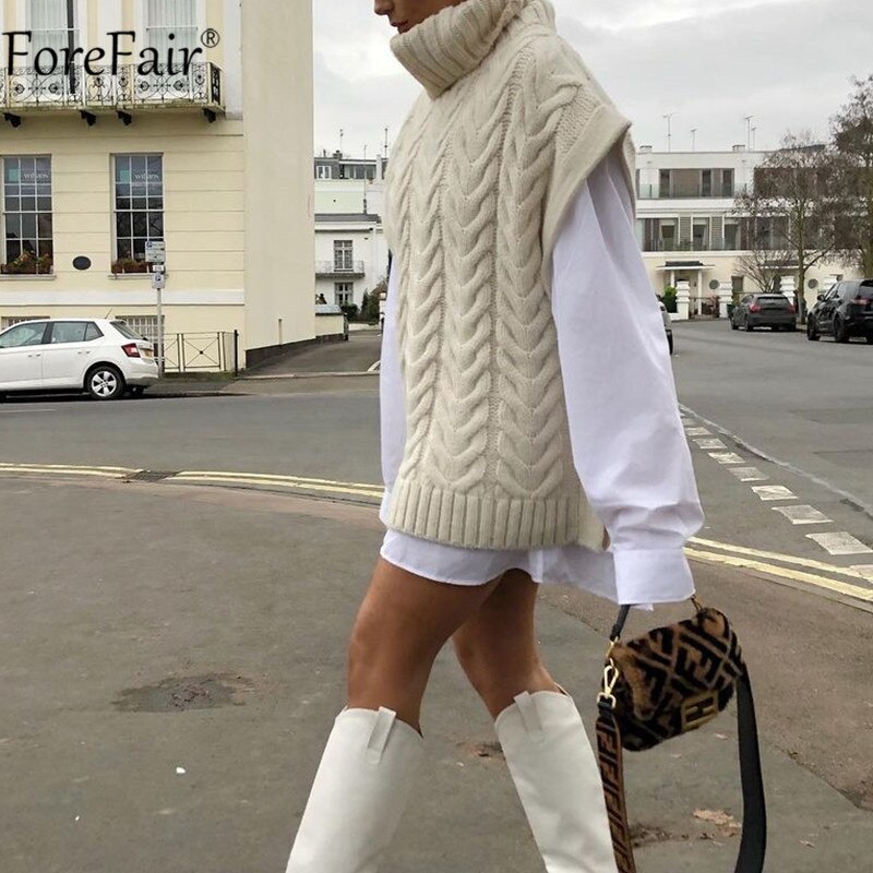 Forefair beige ärmlös polotröja kvinnor tjocka stickade axelryckningströjor lediga lösa oversized höst vintertröjor jumpers