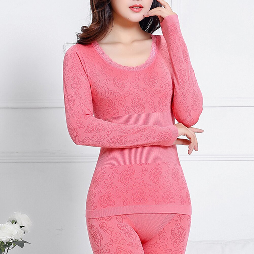 Women Sleepwear 2Pcs Autumn Winter O Neck Top Long Pants Thermal Underwear Elastic Warm Soft Sleepwear Set Christmas