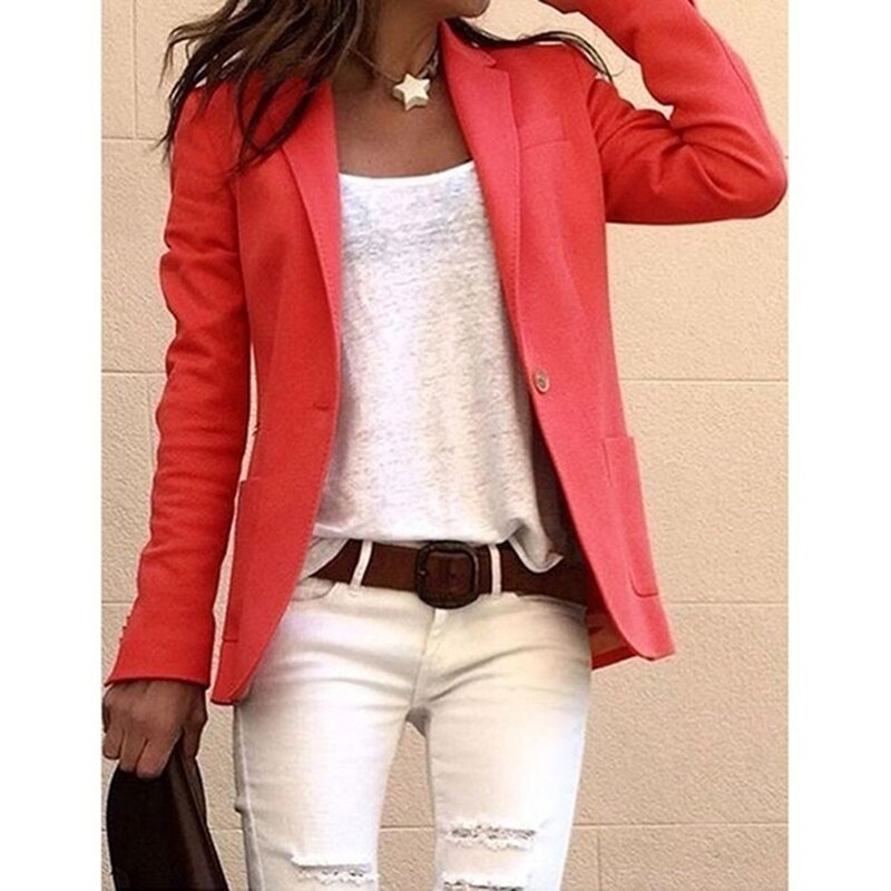 Blazer feminino kvinder blazer formelle blazere dame kontor arbejdssæt lommer damejakke vinrød slanke blazere: Rød / Xl