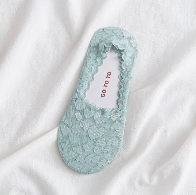 Liefde Onzichtbare Non-Show Boot Sokken Modieuze Slanke Enkelsokken Dames Katoen Onderkant Kant Jacquard Sokken Meisjes Casual Breatha: light green