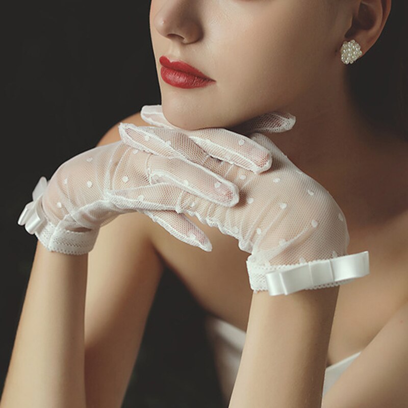 Female Gloves Transparent Dot Tulle Fishnet Gloves Black Bow Wrist Length Bridal Gloves Finger Short Mittens Wedding Accessories