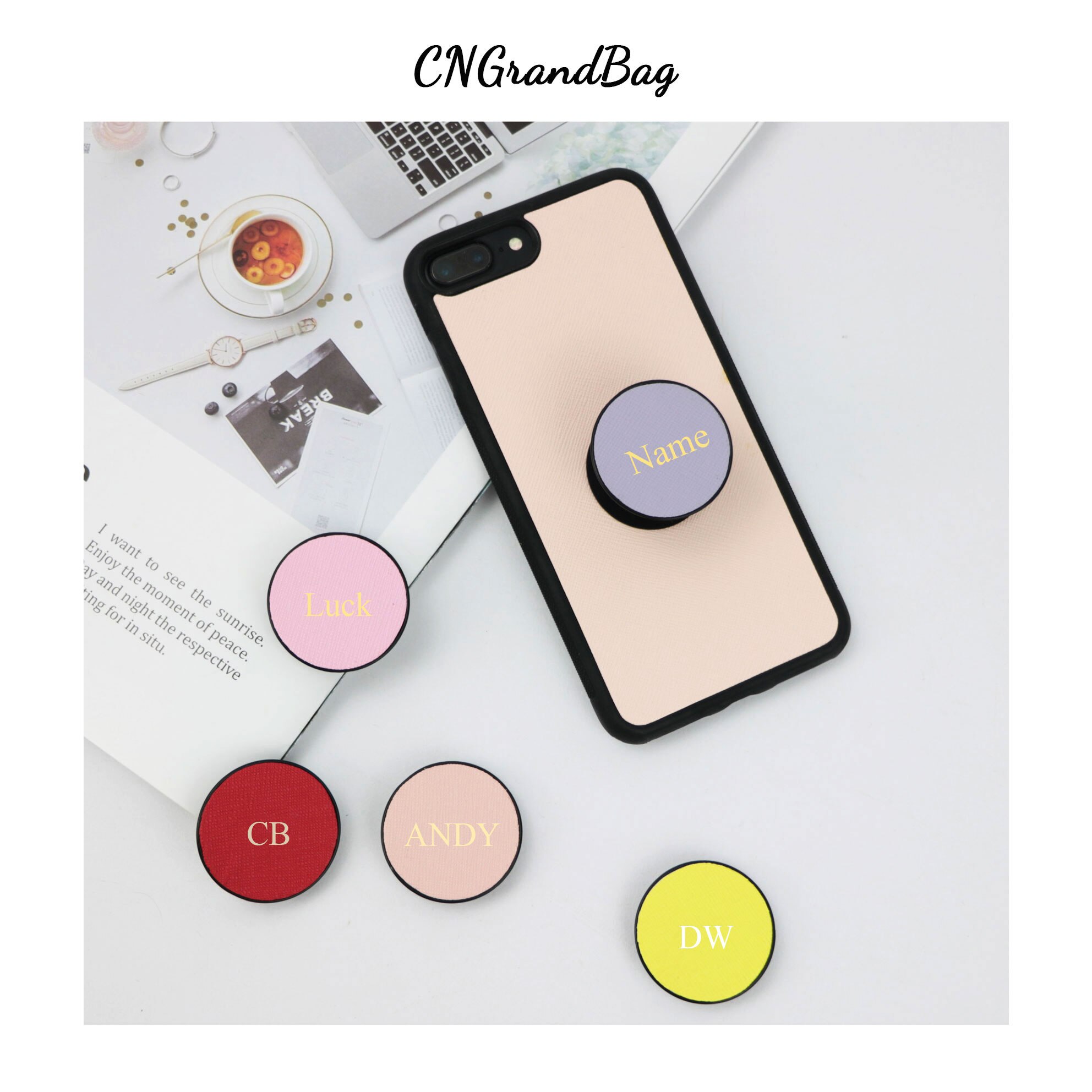 Saffiano skinn rundt fingergrep mobiltelefonholder ekspanderende stativ grep lomme socket støtte anti-fall sammenleggbar universal