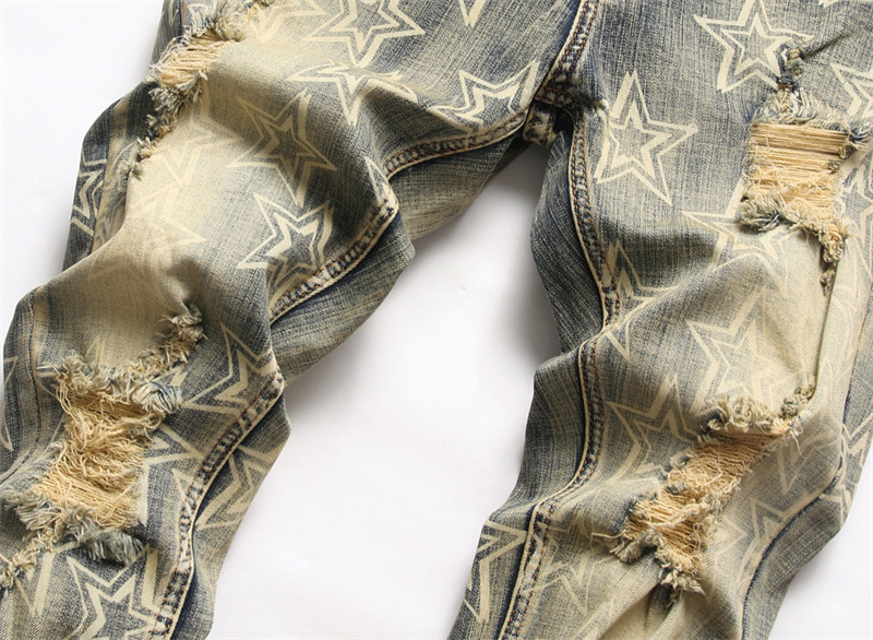 Pantalones vaqueros ajustados con estampado de Star para hombre, pantalón de moto, mallas rasgadas, urbana americana, jeans apilados con agujeros azules