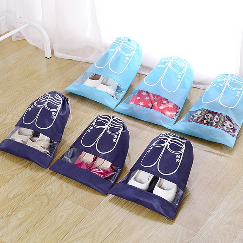Nonwoven Fabric Shoe Storage Bag With Drawstring Clear Window Waterproof TravelPackage Luggage Dust Bag Shoes Organization Bag
