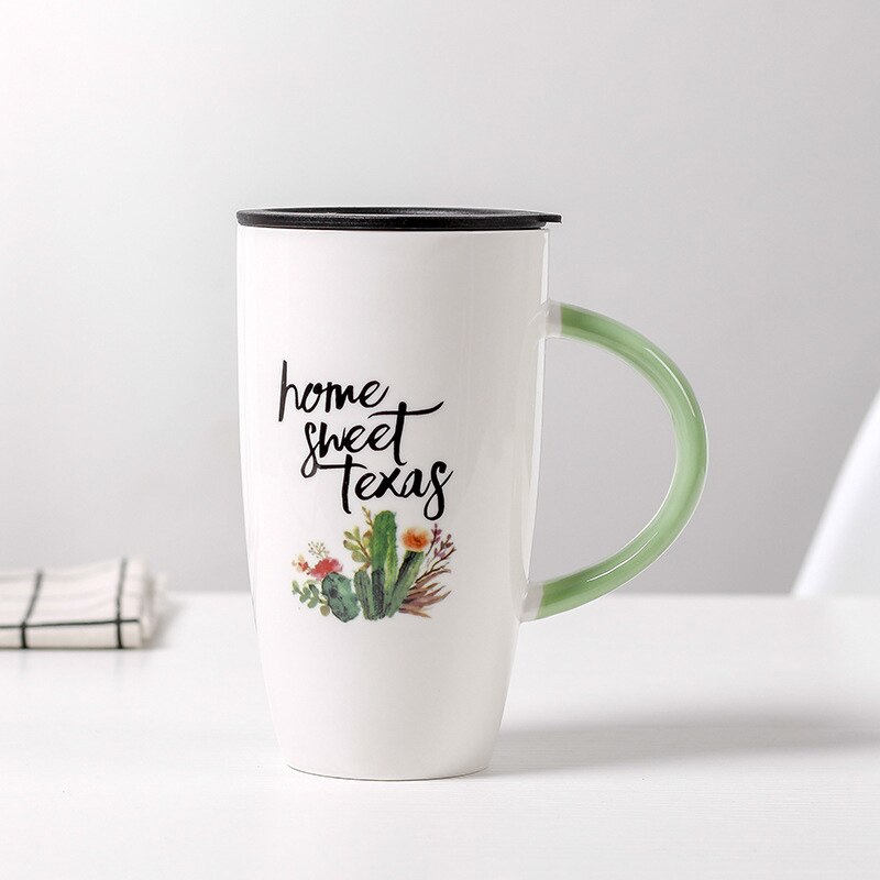 600ml kaktusmönster keramisk mugg med lock tecknade koppar mjölk kaffe te kopp grönt handtag porslinsmuggar fina: 03