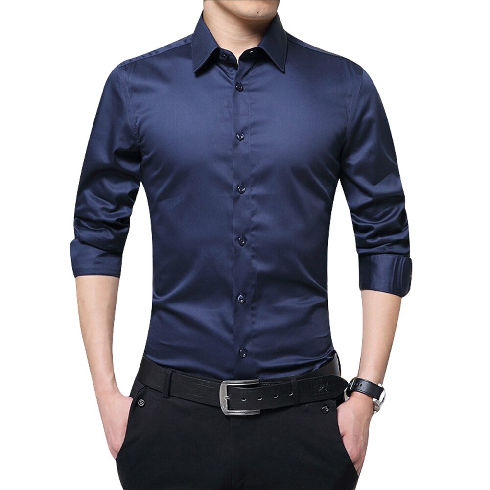 Men Long Sleeve Shirts Slim Fit Solid Business Formal Shirts for Autumn MCK99: XL / dark blue