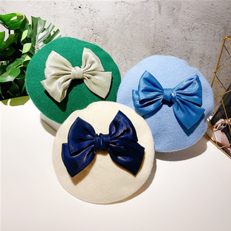 Béret en laine avec nœud papillon pour femme, chapeau avec motif de biscuits, de couleur unie, idéal pour l&#39;automne et l&#39;hiver