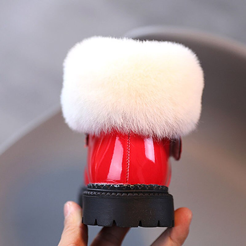 Cuzullaa Kids Meisjes Konijn Oor Enkellaars Lakschoenen Kinderen Warme Winter Elegante Bont Bal Mode Laarzen Maat 21-30