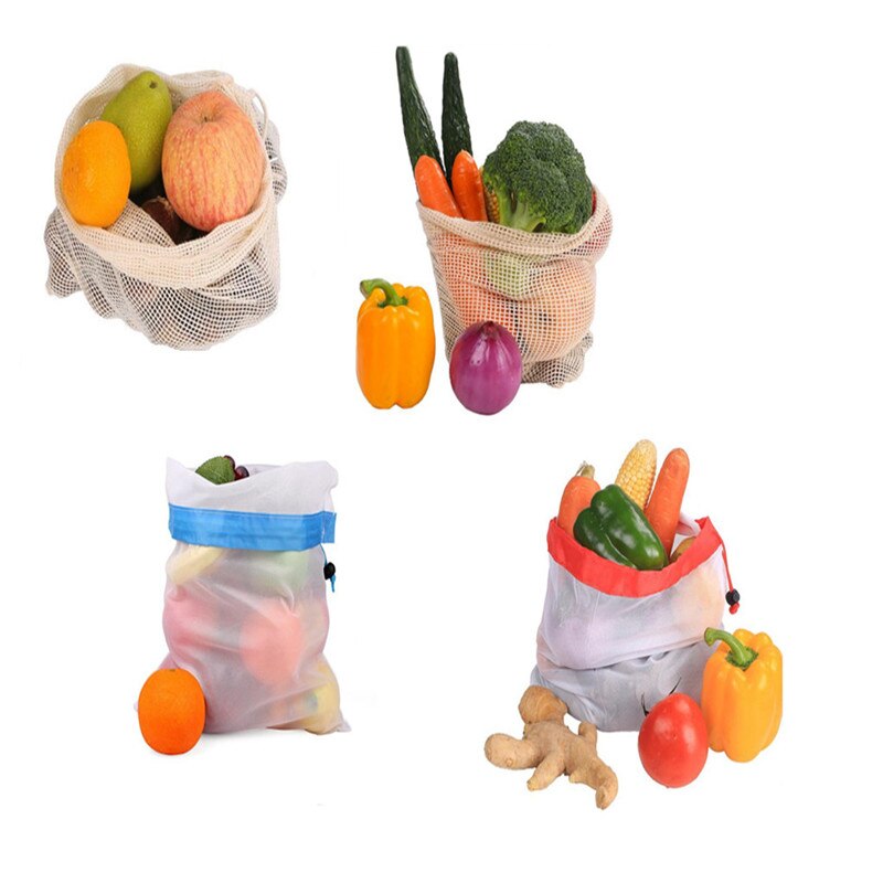Herbruikbare mesh-productentassen, eco-superieure dubbel gestikte stoffen trekkoord mesh-tas voor het winkelen voor fruit, groenten en reizen