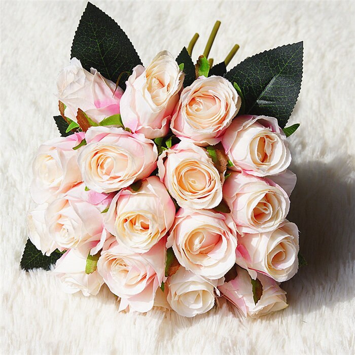 18 hoveder kunstige roser blomsterbuket små silke roser bryllup brude buket diy hjemmekontor bord blød dekor silke blomster