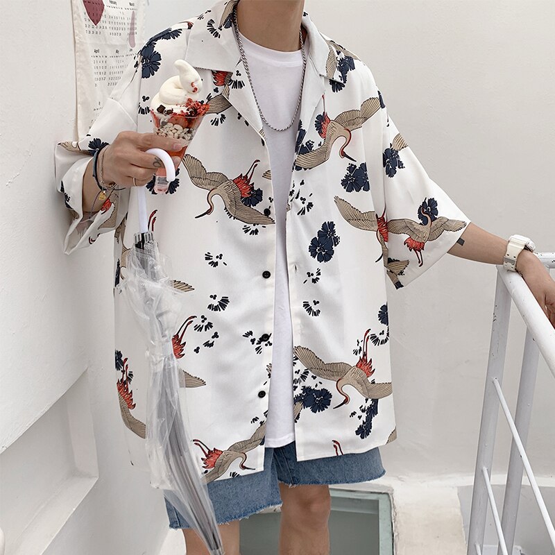 Sommer løs kortærmet skjorte herretøj ulzzang koreansk stil tøj krantryk hawaiiansk hiphop oversized skjorte til mænd