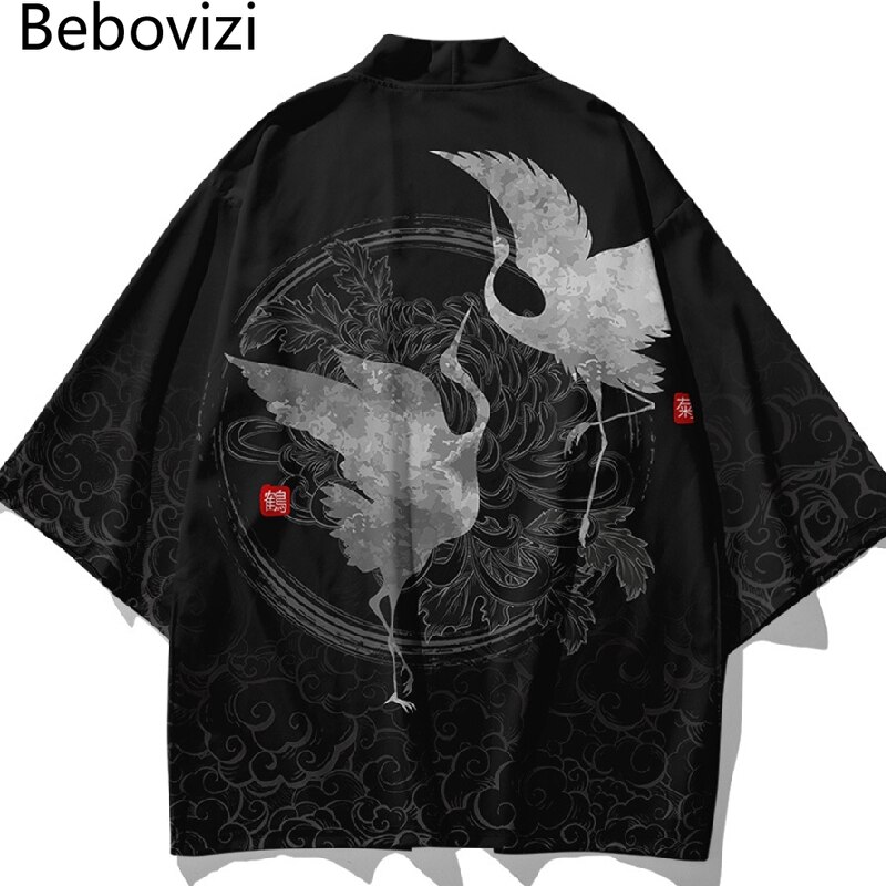 Japanse Vest Aziatische Strand Yukata Vrouwen Harajuku Crane Traditionele Zwarte Kimono Mannen Samurai Kostuum Haori Cosplay Kleding