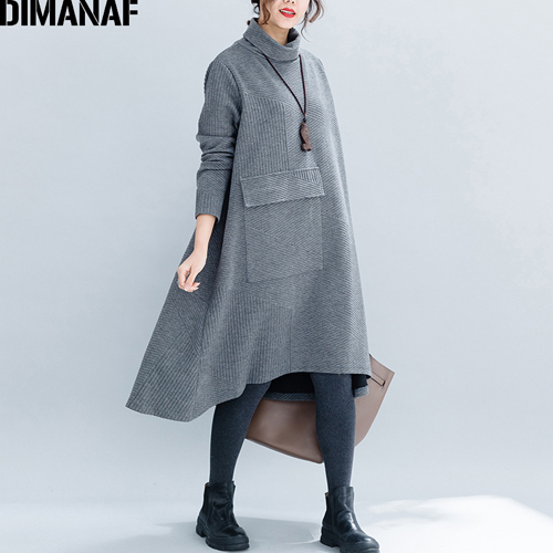 Dimanaf kvinner kjoler store størrelser vinter tykk bomull kvinnelige løse klær casual dame vestidos turtleneck stripete lommer kjole: Xxxl