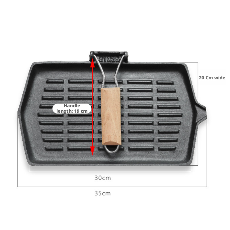 Square and round grilling pans for induction cookers, universal use Cast iron skillet Foldable wooden handle Striped Noodle Sou: Burgundy