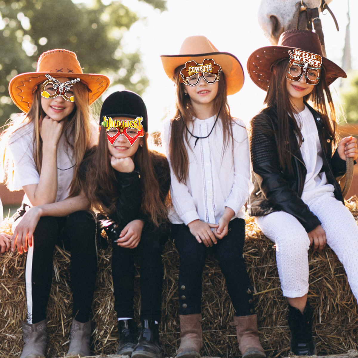 Fotorekwisieten met western cowboythema, papieren brillen, feestartikelen voor kinderen, cowgirl, paardenraces, verjaardagsfeestdecoratie.