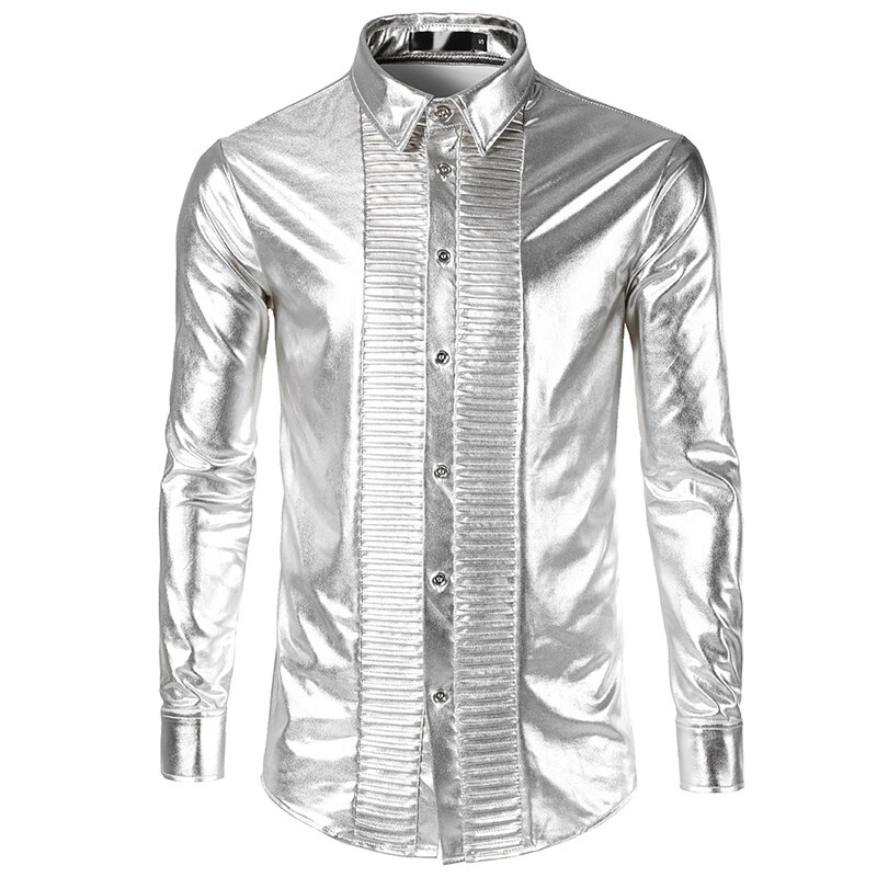 Herr smoking skjortor långärmade slim fit solid glänsande guld silver skjorta sångare värd nattklubb bar scen toppar kostym: Silver- / Xxl
