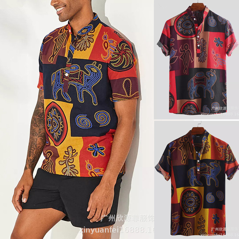 Summer Men‘s Beach Shirt Vintage Print Short Sleeve Lapel Neck Button Leisure Hawaiian Shirts Men Streetwear S-4XL