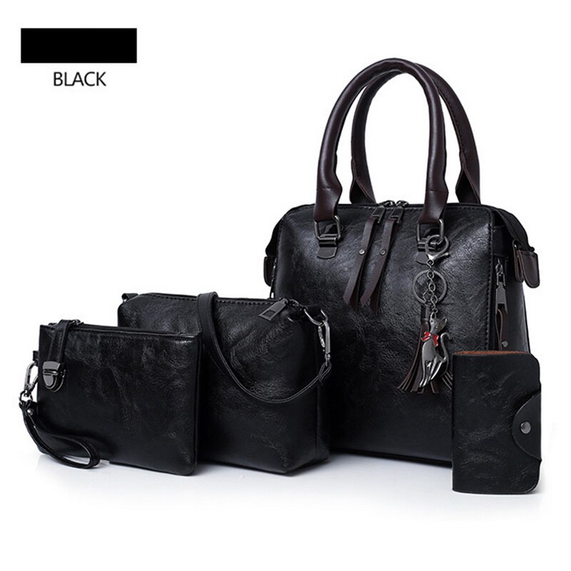 4 pièces femmes pierre motif sac à main + sac à bandoulière + pochette + carte paquet sac a main femme de luxe cuir: Black