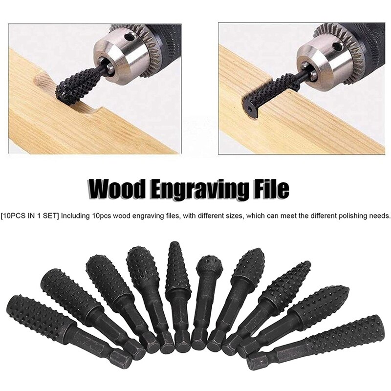 10Pcs Woodworking Grinding Drill 1/4in Hex Shank Engraving File Rotary Burr Drill Bits Set
