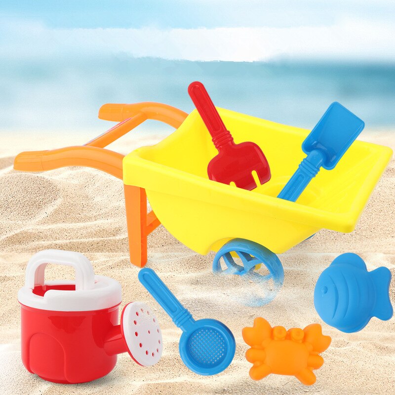 7Pcs/Set Kids Beach Toy Trolley Summer Beach Play Sand Kits Kettle Shovel Rake Mold Children Outdoor Water Fun Toys Random Color