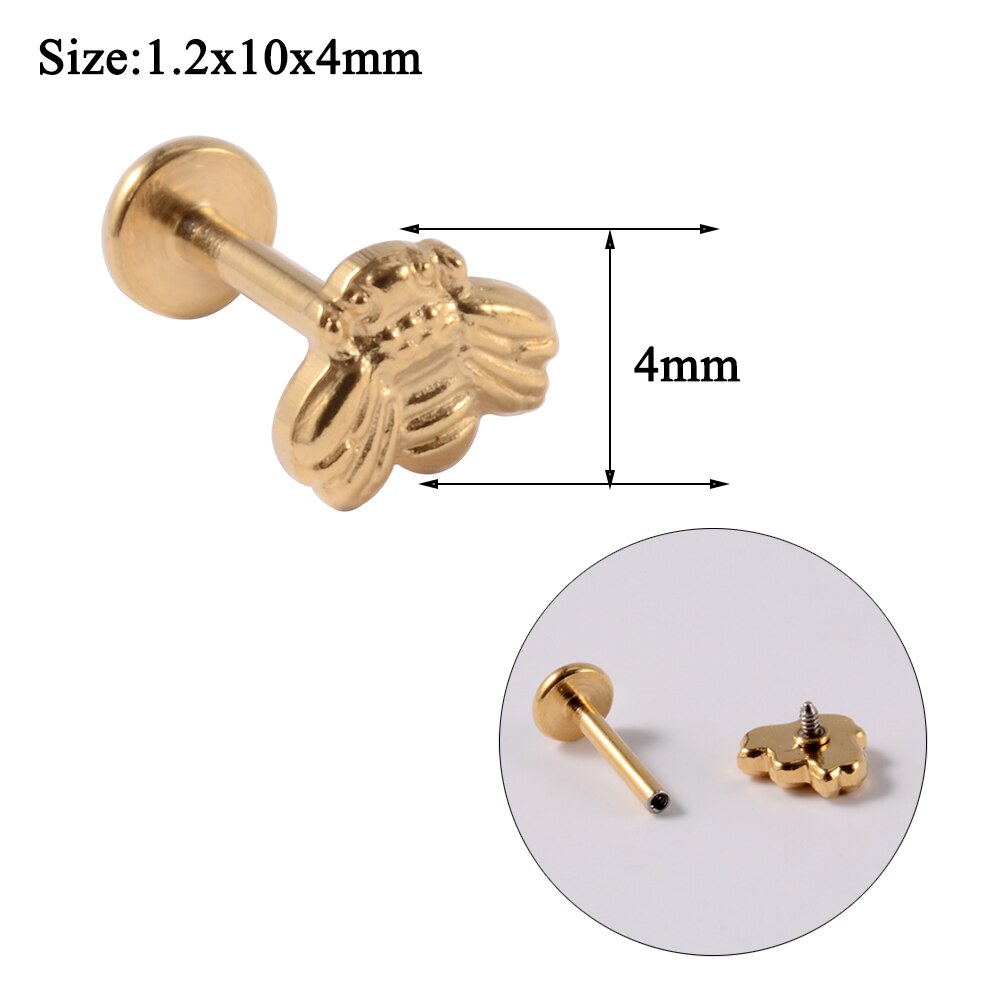 1 pz acciaio inossidabile ape orecchini a bottone Tragus cartilagine orecchino Piercing ape filettato internamente Labret Stud Piercing gioielli per il corpo: Gold Bee 10mm Bar