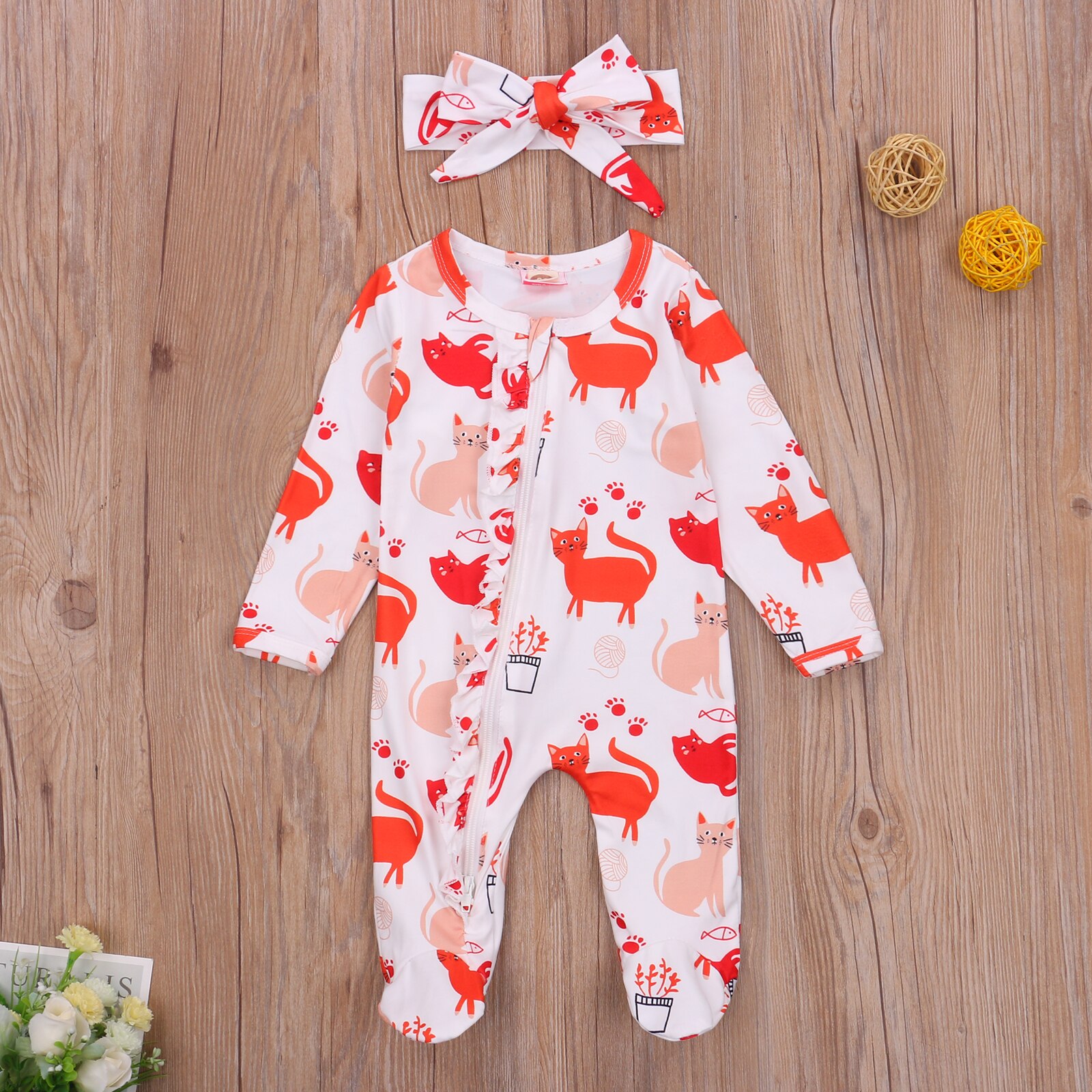 2 Pcs Newborn Baby Girls Boys Cars Footies Print Outfits, Infant Long Sleeve Round Neck Ruffle Footed Jumpsuit + Headband