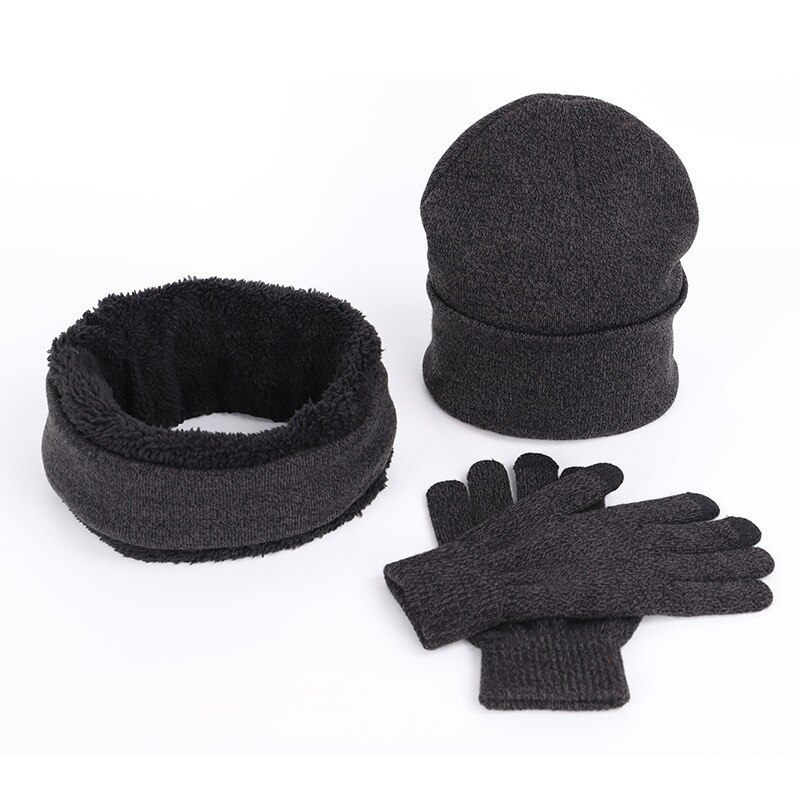 Hatte halstørklæder handsker tredelt sæt mænd kvinder vinter varm ring tørklæde touch screen handsker beanies bomuld udendørs soft cap motorhjelm: Mørkegrå