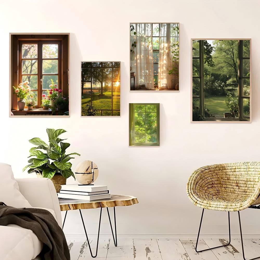 Groene landschap raamposter zelfklevende poster muurdecoratie geschikt voor woonkamer, slaapkamer, bar, babykamer hd frameloos