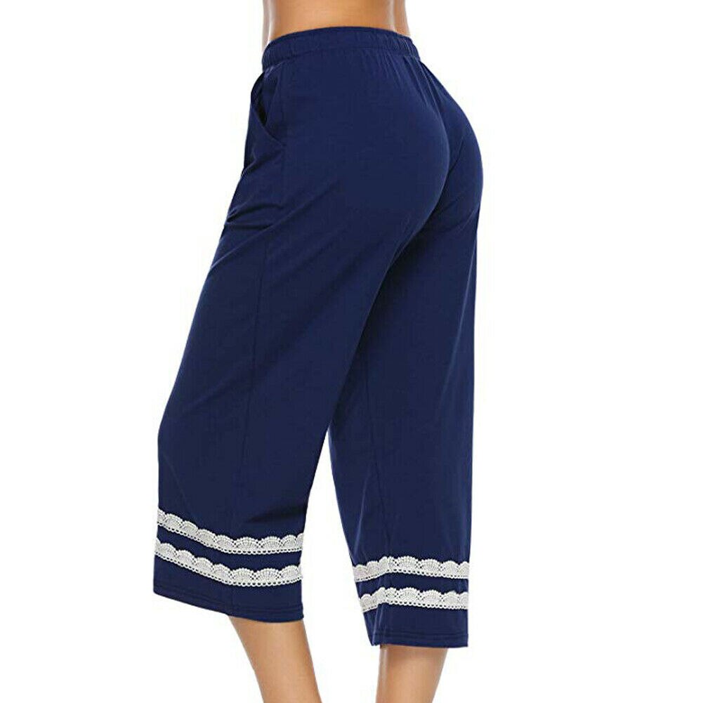 Pyjama de nuit pour femme, culotte courte, culotte courte, vêtement de nuit mi-mollet, taille ajustable, collection automne, décontracté: Bleu / S