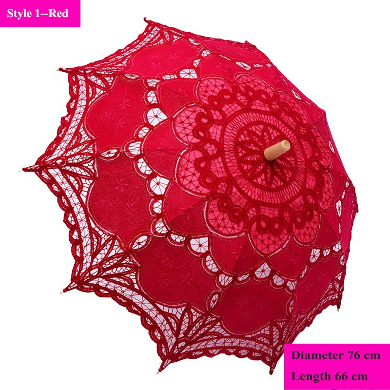 Handgemachte Stickerei Spitze Sonnenschirm Regenschirm Frauen Hochzeit Braut Foto Weiß Baumwolle Holz Griff Dekoration Regenschirm: Stil 1--rot