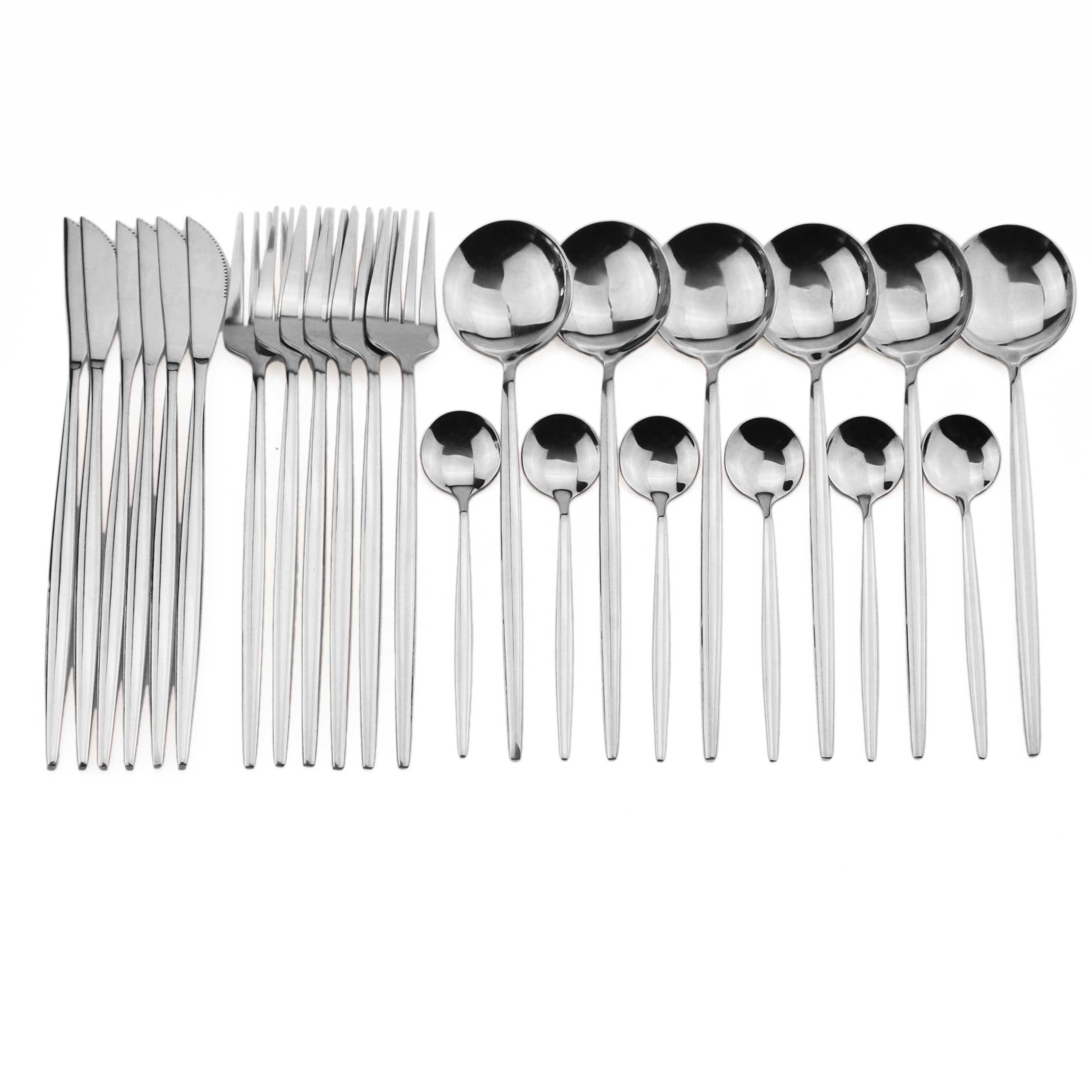 24Pcs/set Rose Gold Cutlery Set 18/10 Stainless Steel Dinnerware Set Knives Forks Spoons Dinner Set Kitchen Tableware Silverware: 24Pcs Silver
