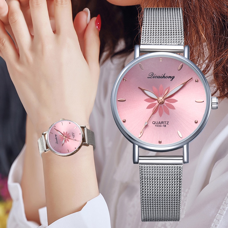 Vrouwen Horloges Luxe Zilveren Populaire Roze Wijzerplaat Bloemen Metalen Dames Armband Quartz Klok Mode Polshorloge Top