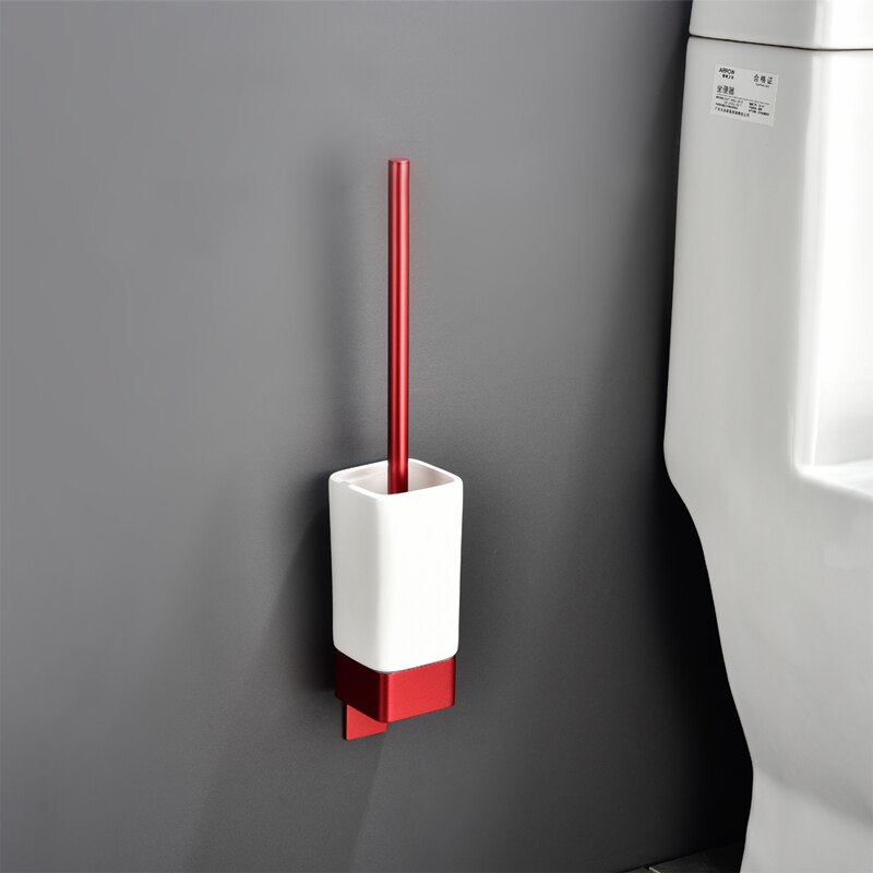 Aluminium Badezimmer Zubehör Sets 3M Band Wc Pinsel Halter Keramik Wc Rollen Papier Halter Rot Robe Haken Handtuch Halter: Brush Holder