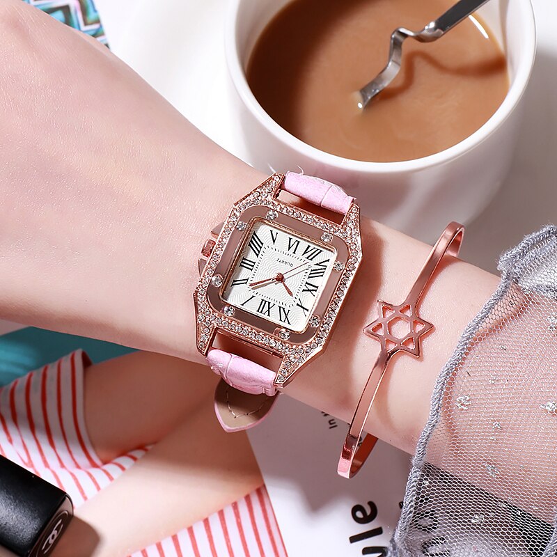 Dames Quartz Horloge Rhinestone Crystal Tonneau Vrouwen Horloge Jurk Luxe Romeinse Cijfers Lederen Horloge Voor Vrouwen