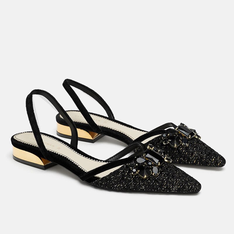 Luxe noir cristal femmes sandales plates Slingback or talon femmes sandales à bout pointu sans lacet d'été Mujer Sandale Femme A072