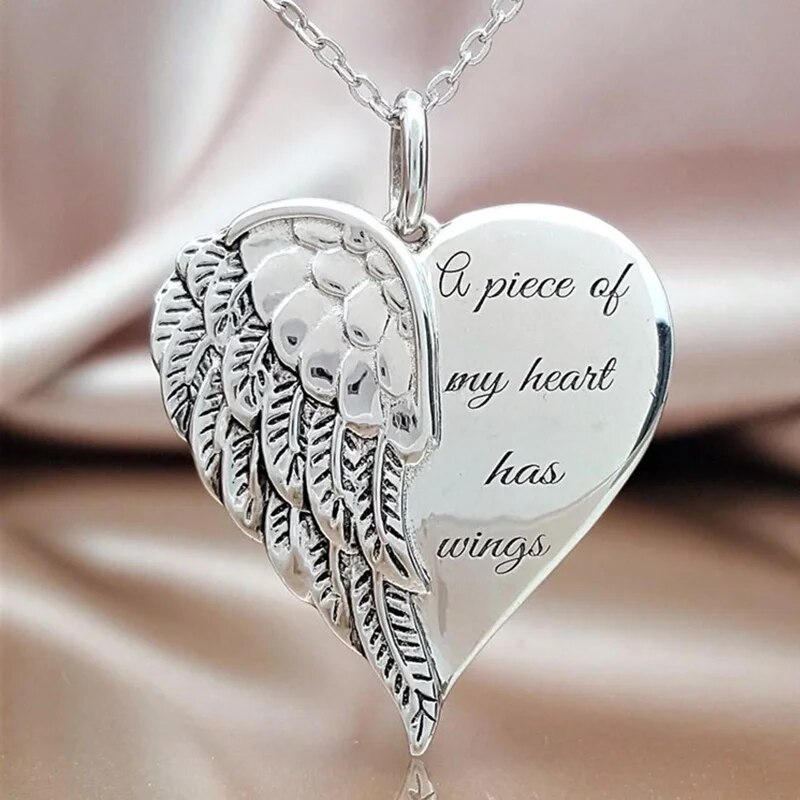 A Piece of My Heart Has Wings Pendant European American Angel Wings Engraved Necklace Jewelry Necklace for Women