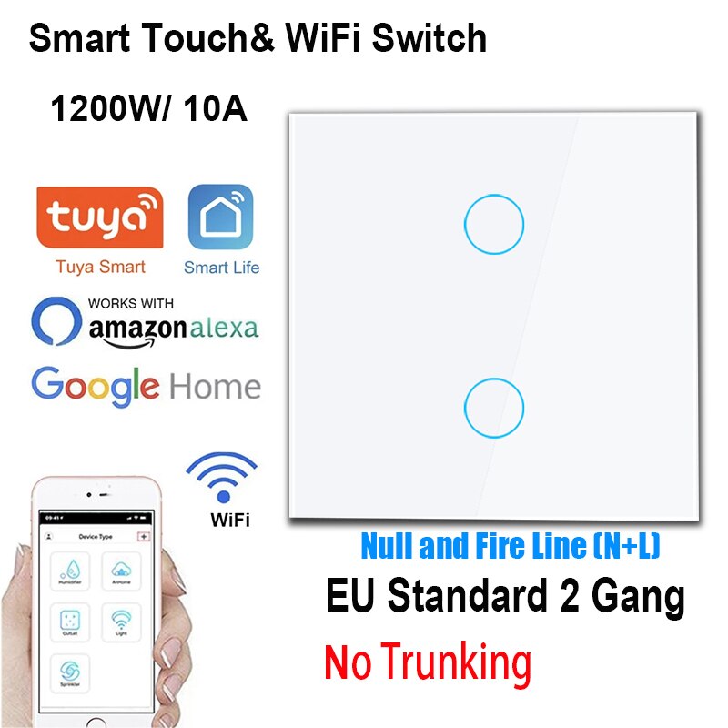 Tuya Touch Light Switch 1/2 Gang Intermediate Stair Switch EU Power Sensor Switches Black White With Glass Panel smart home: White 2 Gang