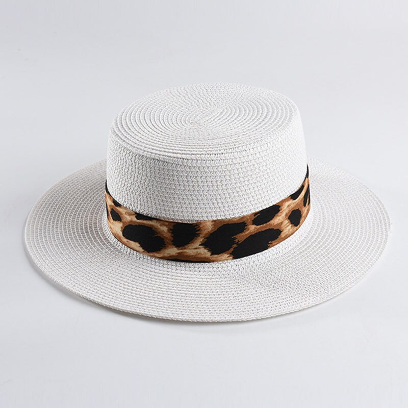 Unisex Papier Stro Hoed Brede Rand Schipper Hoeden Luipaard Lint Zonnehoed Voor Vrouwen Man Zomer Strand Hoed Kentucky Derby cap Panama Hoed: WHITE