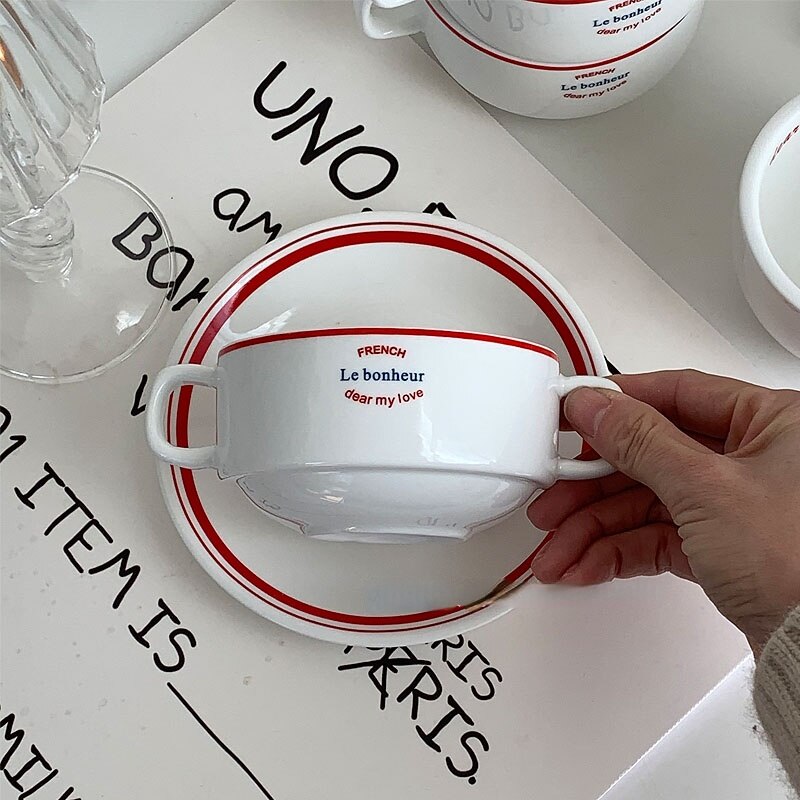 Ladycc fransk alfabet dobbelt øre keramisk skål havregryn yoghurt skål keramisk kaffekop latte kop restaurant morgenmadsskål