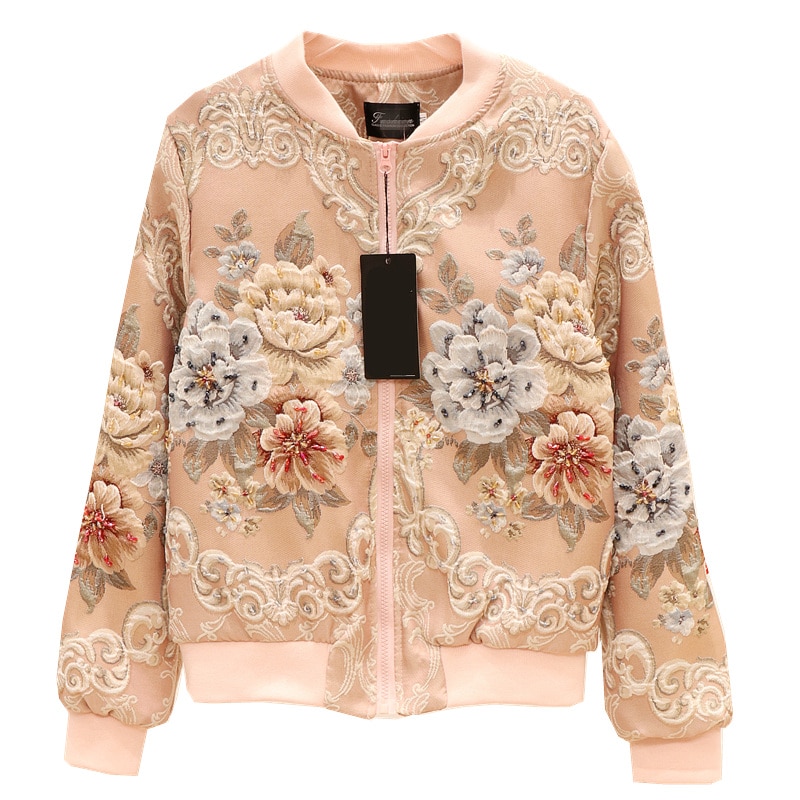 vintage Jacquard Satin embroidery jacket for woman beading floral embroidery long sleeve pink Baseball coat runway outfit