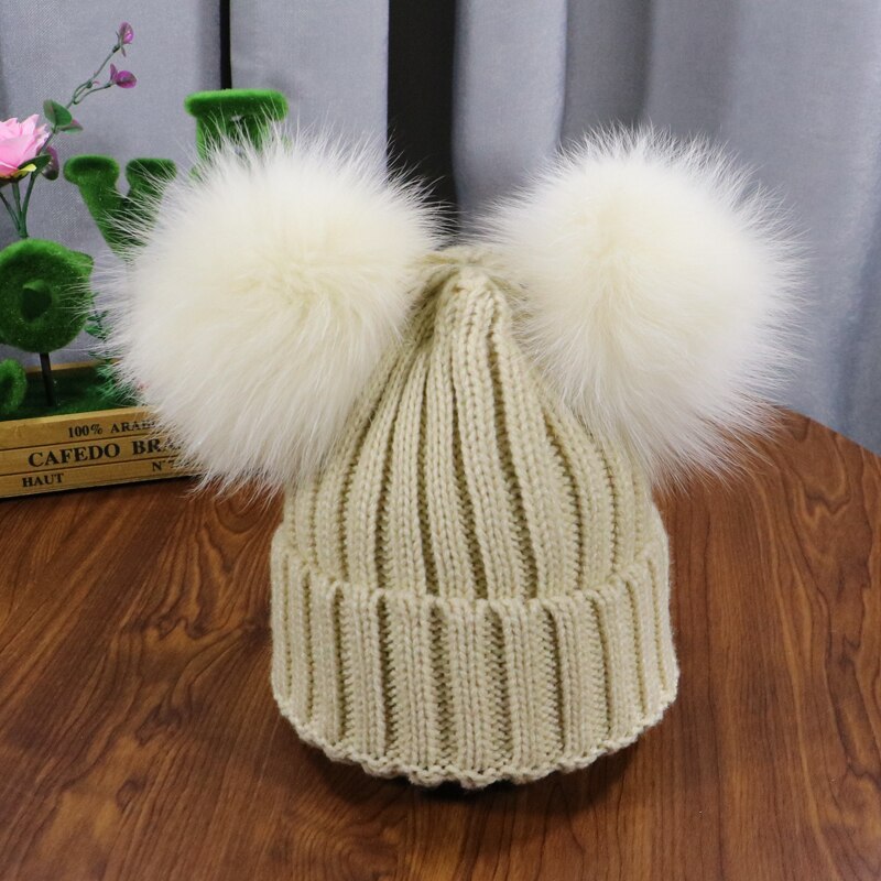 Gorro de dos pompones peludos de invierno para niños, gorro bonito tejido para niñas y niños, gorro cálido de punto para Gorros de bebé, gorro cálido para niños