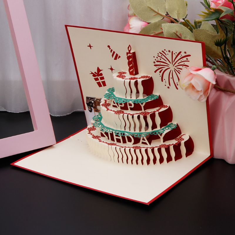3d pop up cartão feliz aniversário bolo música led cartão com envelope novo