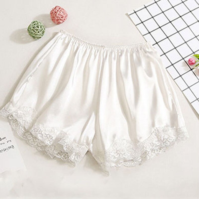 Satin Kitten Silky Elastic Waist Women Men Home Sleep Tracksuit Bottom Short Pants Pajama Nightwear Shorts: white-lace