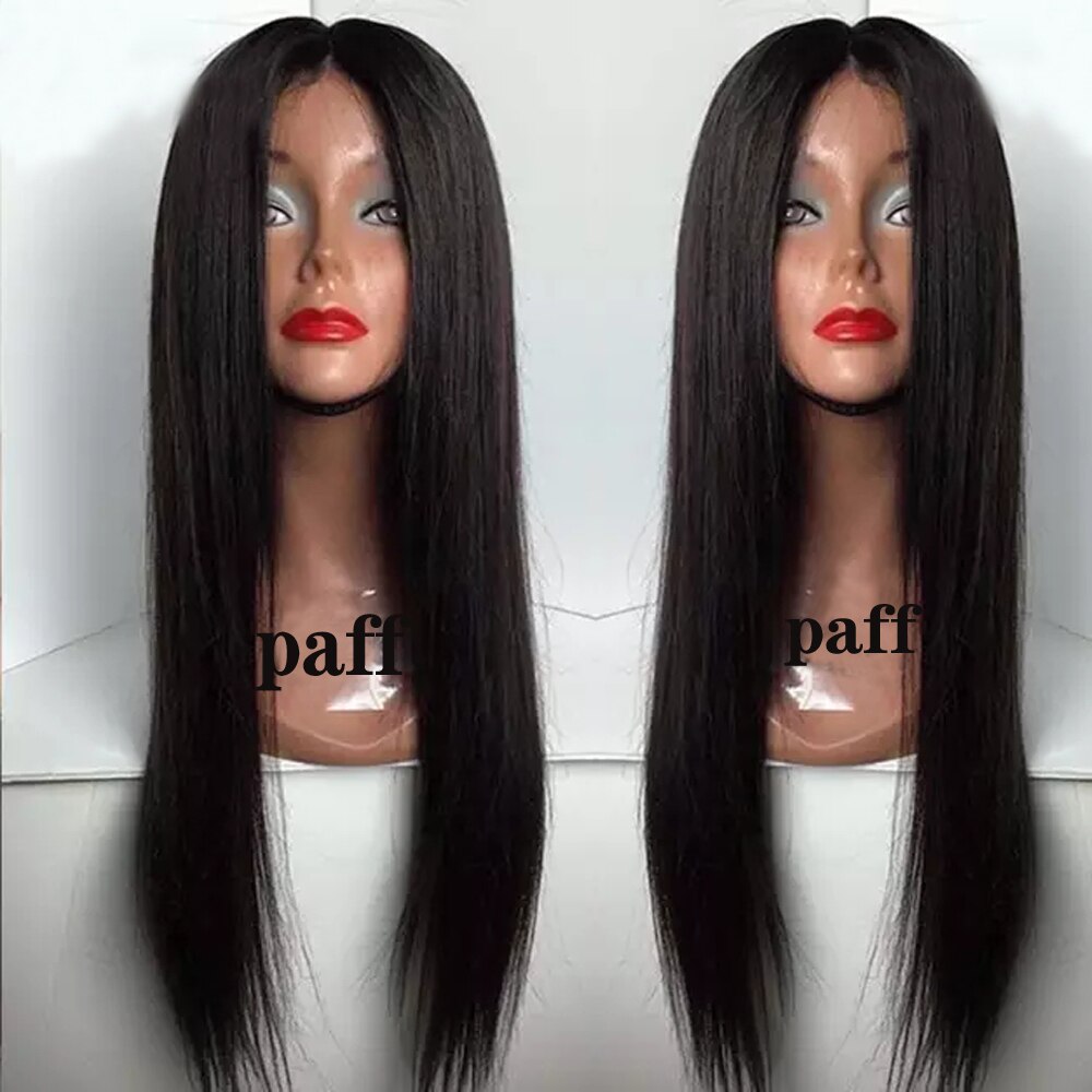 PAFF longue noir naturel délié droite synthétique dentelle avant perruque pour les femmes doux résistant à la chaleur Fiber cheveux perruque
