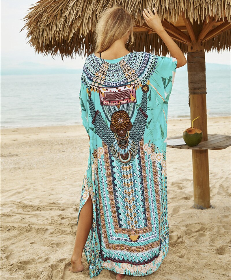 Bohemian bedrukte kaftan katoenen tuniek strandbedekking saida de praia dames strandkleding bikini bedekking robe de plage sarong