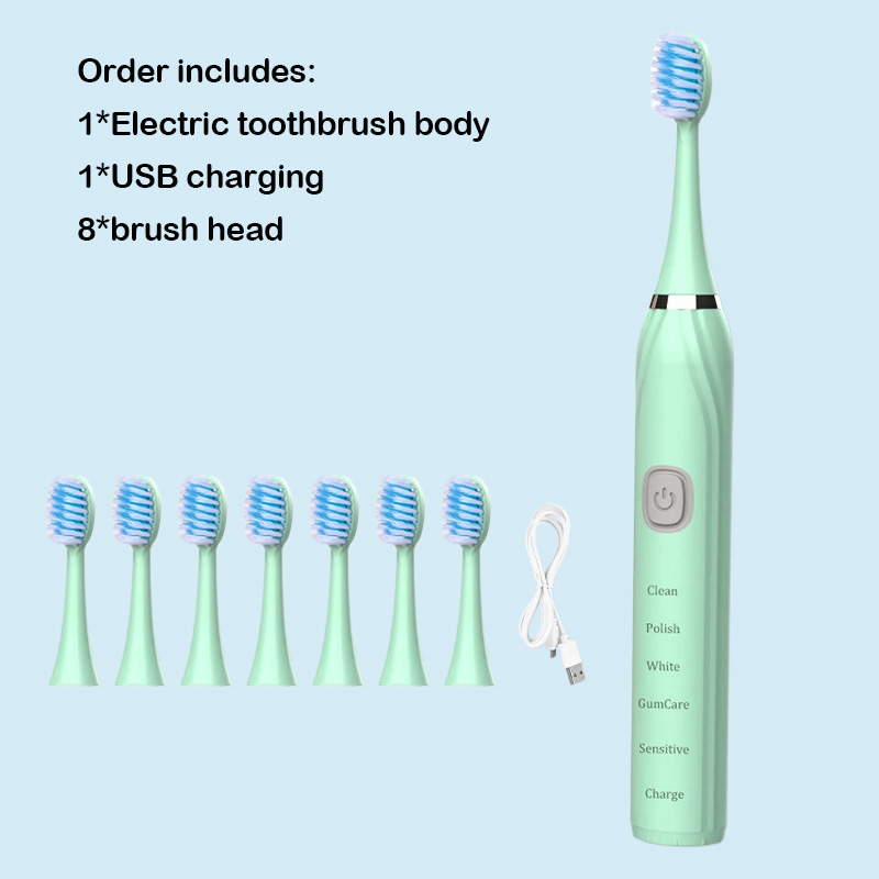 Cepillo de dientes eléctrico, vibrador ultrasónico, blanqueamiento dental, carga rápida por USB, cepillo de dientes sónico recargable, resistente al agua IPX7: Verde