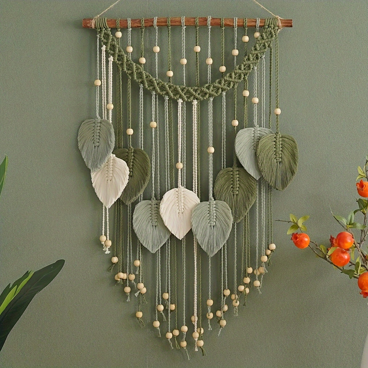 Tapiz colgante de pared de hoja de macramé, decoración bohemia de arte grande de macramé, decoración de habitación, para el hogar, cinta verde de macramé de jungla bohemia, 1 ud.