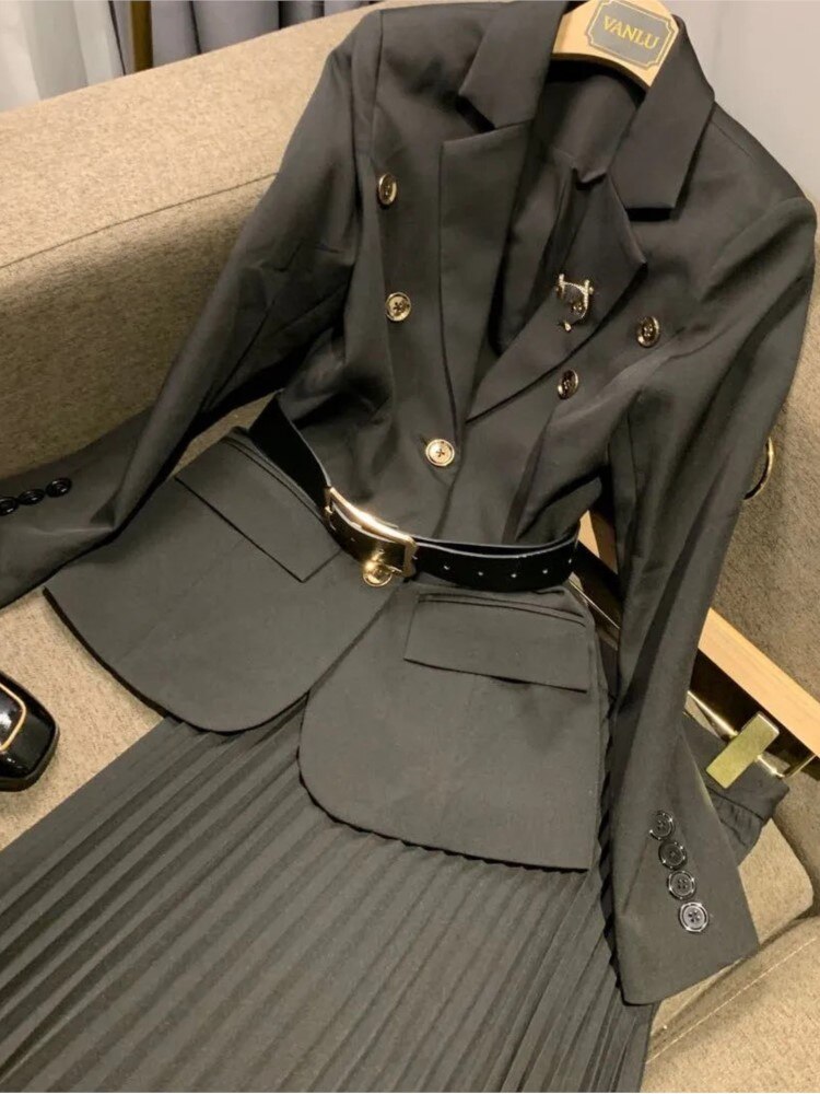 Blazer con cinturón + Falda plisada Midi para mujer, conjunto de 2 piezas, chaqueta de manga larga para oficina, traje